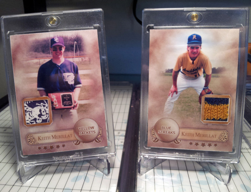 2 patch cards of a father playing college baseball